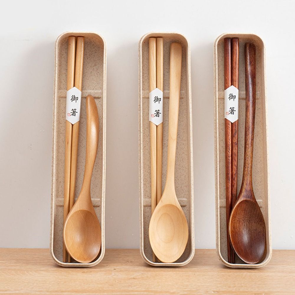 Bamboo Cutlery Travel - Piknik Kutusu Ahşap Çubuklar Kaşık Seti